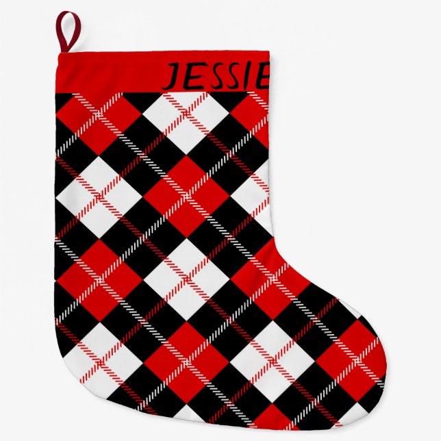 Black Red White Argyle Personalised Large Christmas Stocking (Front)
