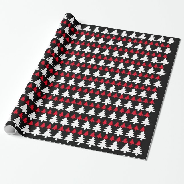 Black Red & White Christmas Tree Wrapping Paper (Unrolled)