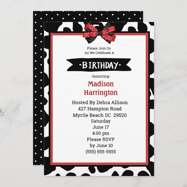 Black Red White Cow Print  Birthday Invitation (Front/Back)