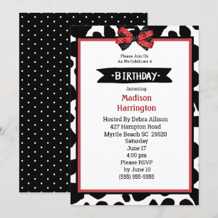 Black Red White Cow Print  Birthday Invitation