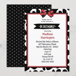 Black Red White Cow Print Birthday Invitation