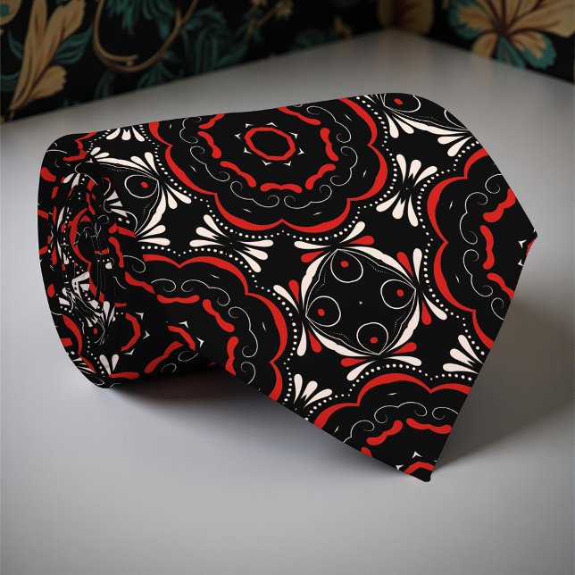 Black Red White Ethnic Ornate Geometric Pattern Tie (Creator Uploaded)