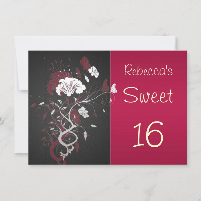 Black, red, white, floral, butterfly Sweet 16 Invitation (Front)
