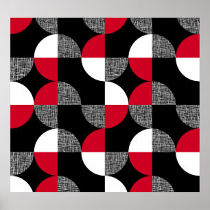 Black, red, white geometric plaid pattern. poster