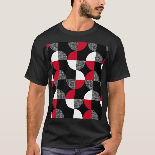 Black, red, white geometric plaid pattern. T-Shirt (Front)