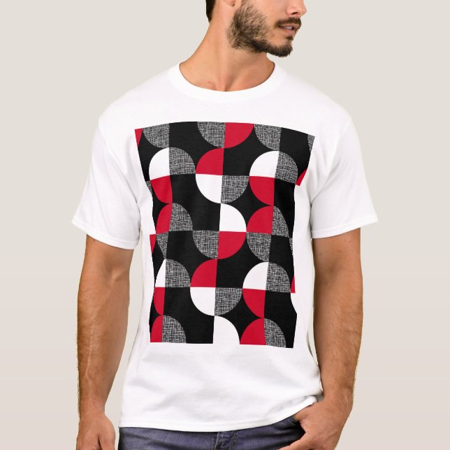 Black, red, white geometric plaid pattern. T-Shirt (Front)