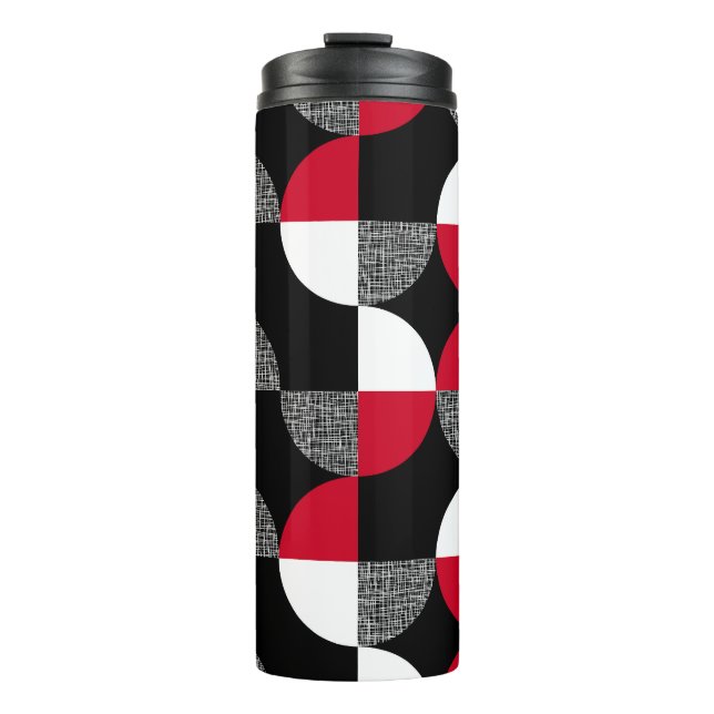 Black, red, white geometric plaid pattern. thermal tumbler (Front)