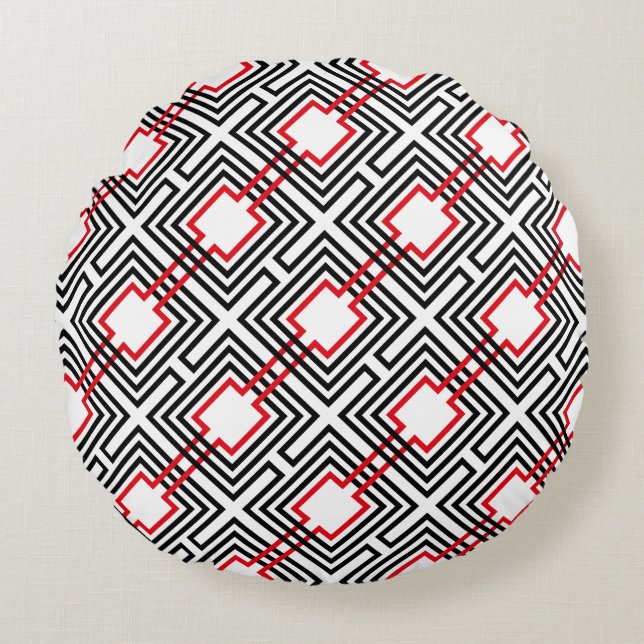 Black Red & White Geometric Round Cushion (Front)