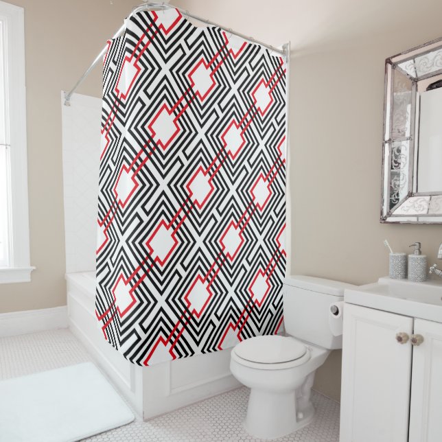 Black Red & White Geometric Shower Curtain (In Situ)
