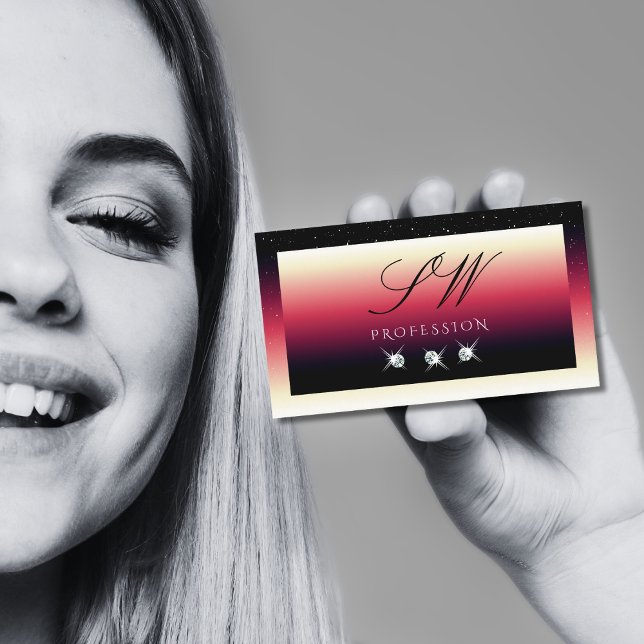 Black Red White Gradient Sparkle Diamonds Initials Business Card (Creator Uploaded)