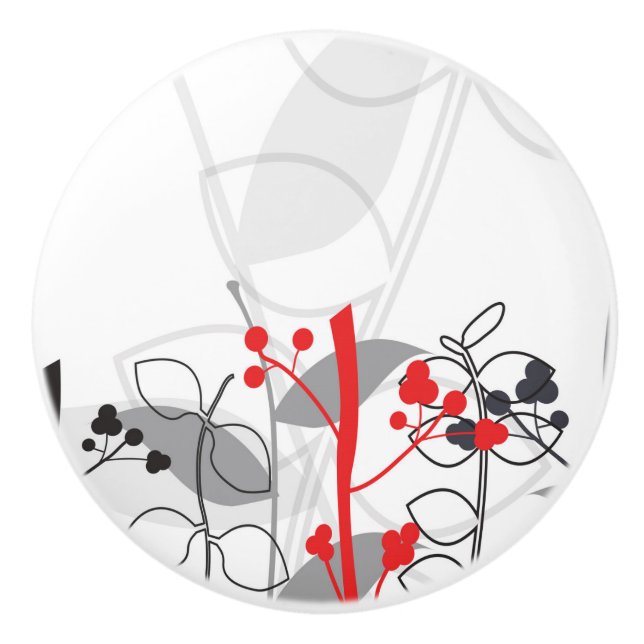 Black Red White Grey Botanical Floral Dresser Ceramic Knob (Front)