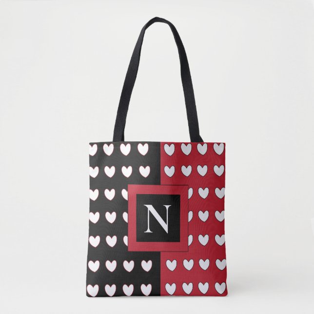Black Red White Hearts Monogram Initial Tote Bag (Front)