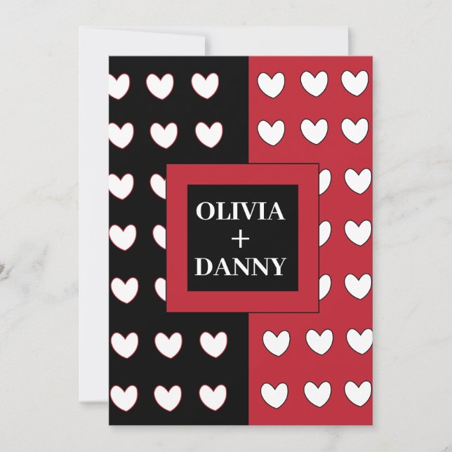Black Red White Hearts Pattern Modern Wedding Invitation (Front)