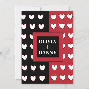 Black Red White Hearts Pattern Modern Wedding Invitation