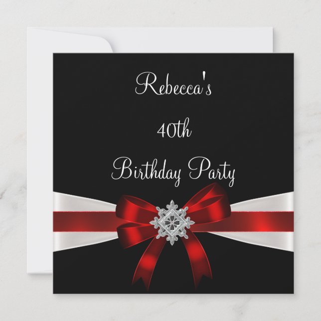 Black Red White Jewel Bow 40th Elegant Birthday Invitation (Front)