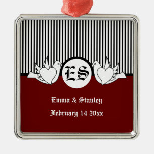 Black, red, white loving doves initials ornament