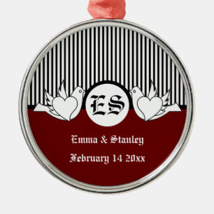Black, red, white loving doves initials ornament