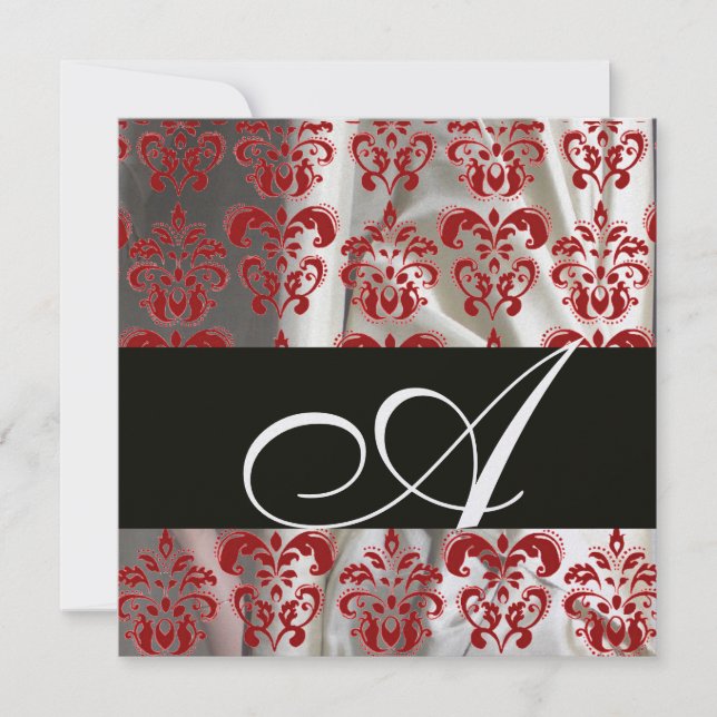 BLACK RED WHITE SILK DAMASK CLOTH MONOGRAM Ice Invitation (Front)