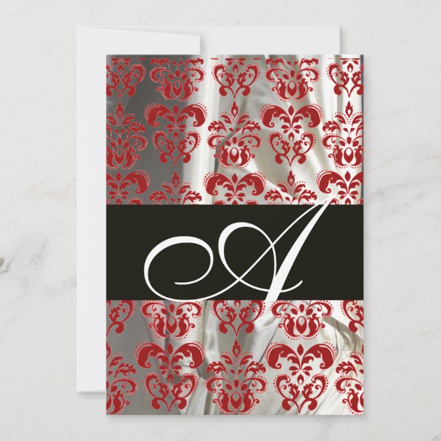 BLACK RED WHITE SILK DAMASK CLOTH MONOGRAM INVITATION (Front)