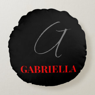 Black Red White Your Name Initial Monogram Round Cushion