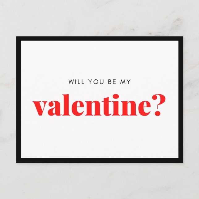 Black Red Will You Be My Valentine Postcard (Front)