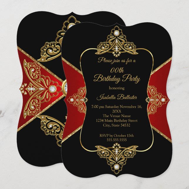Black Red Women Birthday Party Gold Diamond Invitation (Front/Back)