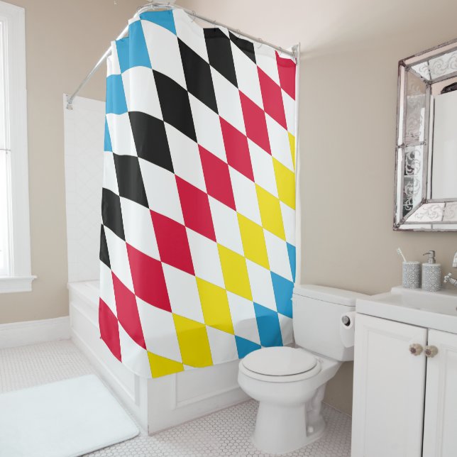 Black Red Yellow Blue Bavaria Diamond Flag Pattern Shower Curtain (In Situ)
