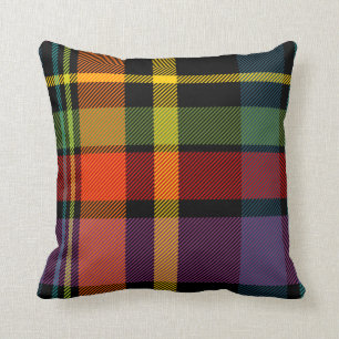 Black, red, yellow, green and purple tartan cushion