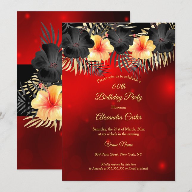 Black Red yellow Hibiscus Tropical Floral Party Invitation (Front/Back)