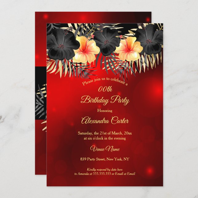 Black Red yellow Hibiscus Tropical Floral Party Invitation (Front/Back)