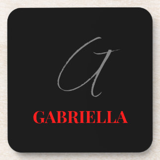 Black Red Your Name Initial Monogram Coaster