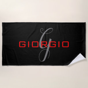 Black Red Your Name Initial Monogram Modern Beach Towel