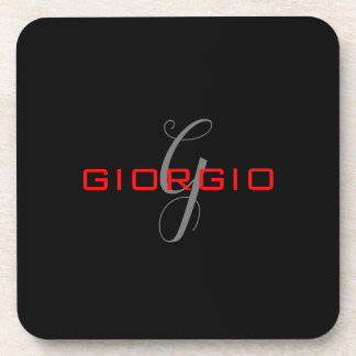 Black Red Your Name Initial Monogram Modern Coaster