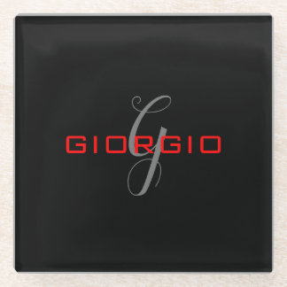 Black Red Your Name Initial Monogram Modern Glass Coaster