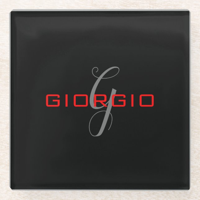 Black Red Your Name Initial Monogram Modern Glass Coaster (Front)