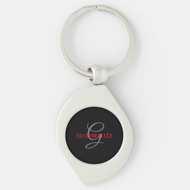 Black Red Your Name Initial Monogram Modern Key Ring (Front)