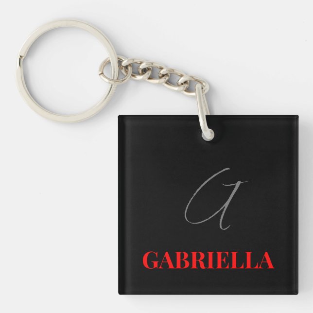 Black Red Your Name Initial Monogram Modern Key Ring (Front)