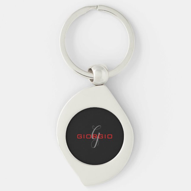 Black Red Your Name Initial Monogram Modern Key Ring (Front)
