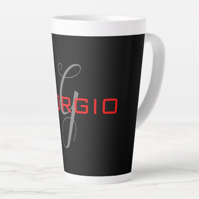 Black Red Your Name Initial Monogram Modern Latte Mug (Right Angle)