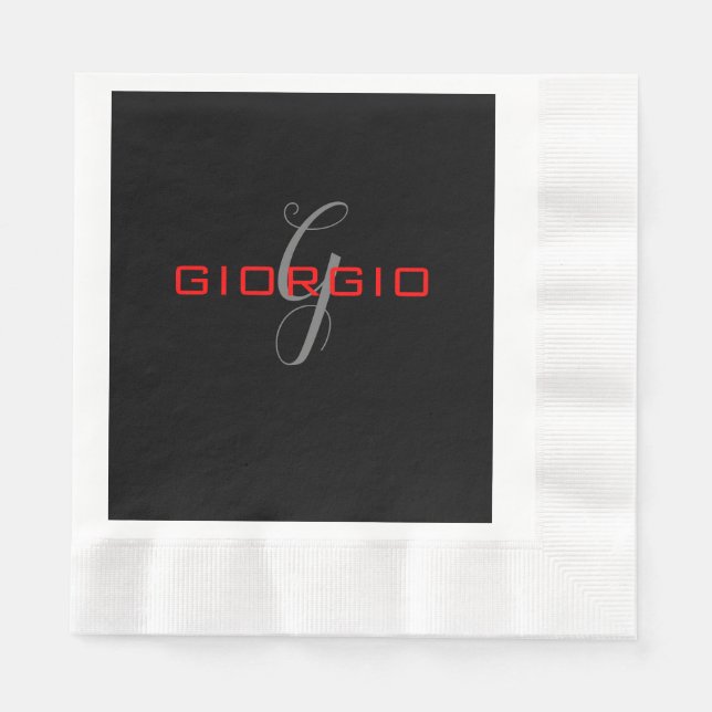 Black Red Your Name Initial Monogram Modern Napkin (Front)