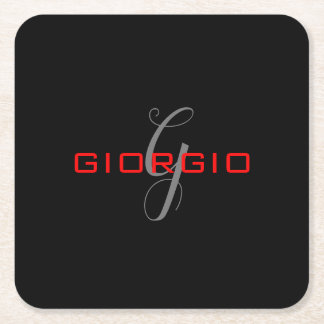 Black Red Your Name Initial Monogram Modern Square Paper Coaster