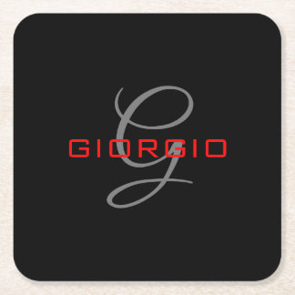 Black Red Your Name Initial Monogram Modern Square Paper Coaster