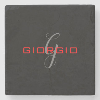 Black Red Your Name Initial Monogram Modern Stone Coaster