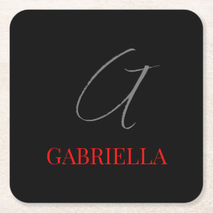 Black Red Your Name Initial Monogram Square Paper Coaster
