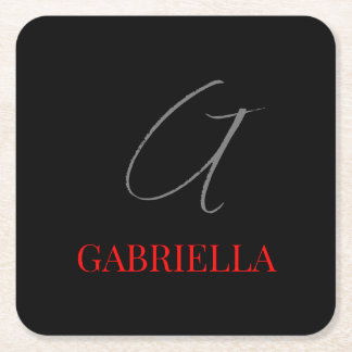 Black Red Your Name Initial Monogram Square Paper Coaster