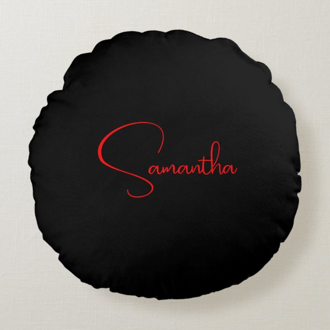 Black Red Your Name Minimalist Modern Calligraphy Round Cushion (Front)