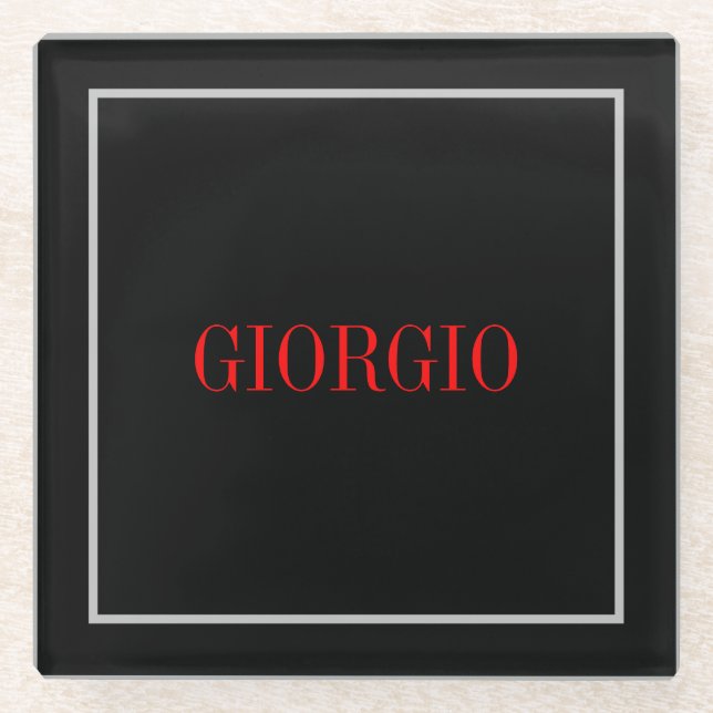 Black Red Your Name Minimalist Personal Modern Glass Coaster (Front)