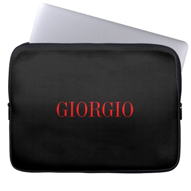 Black Red Your Name Minimalist Personal Modern Laptop Sleeve (Front)