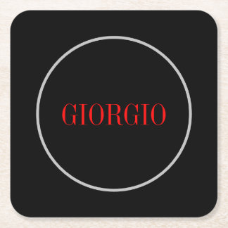 Black Red Your Name Minimalist Personal Modern Square Paper Coaster