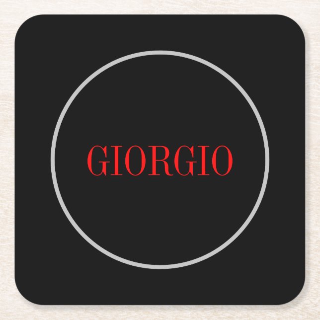 Black Red Your Name Minimalist Personal Modern Square Paper Coaster (Front)